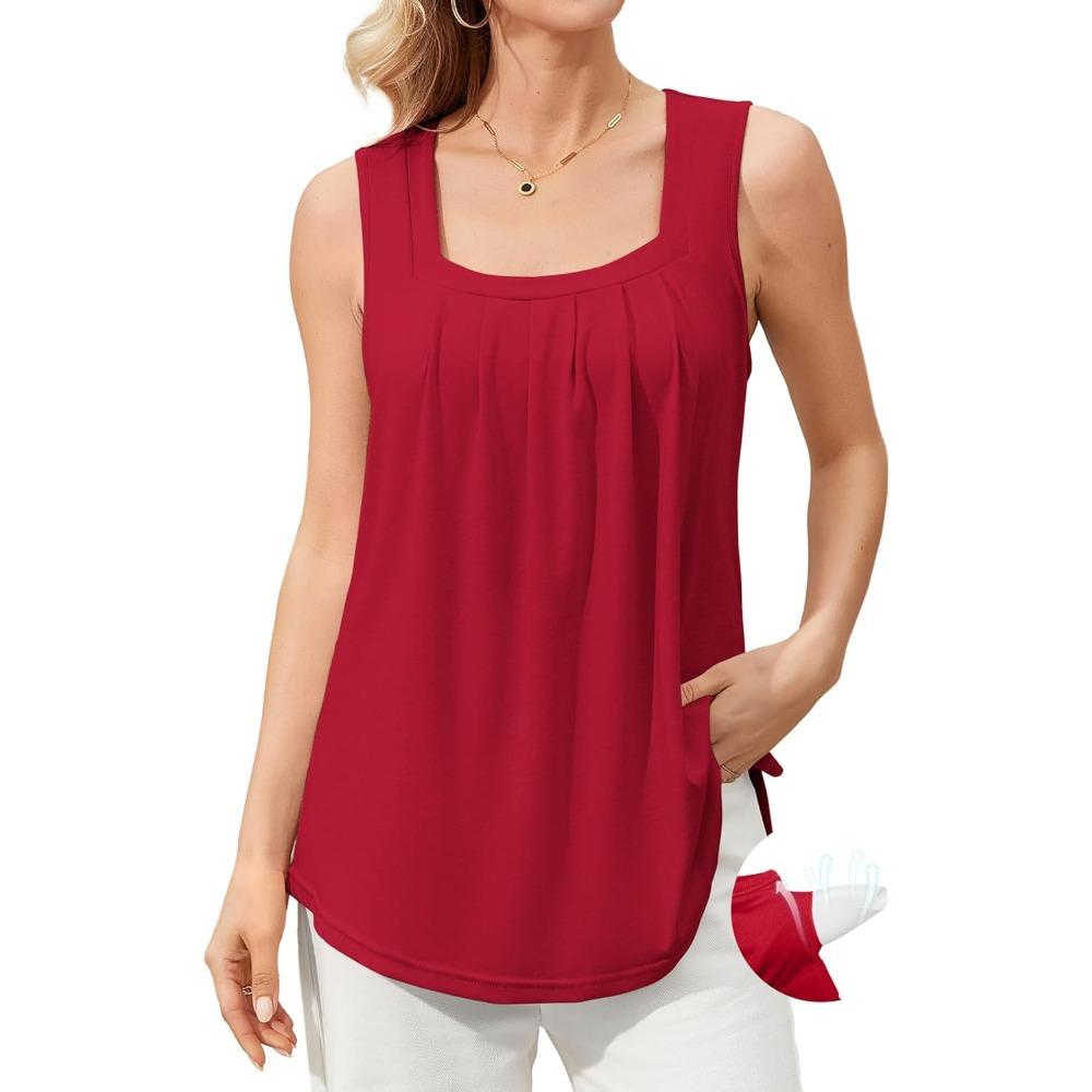 CHARMLEAKS Tank Top Built In Bras for Women Summer Pleated Square Neck Tops Flowy Sleeveless Shirts