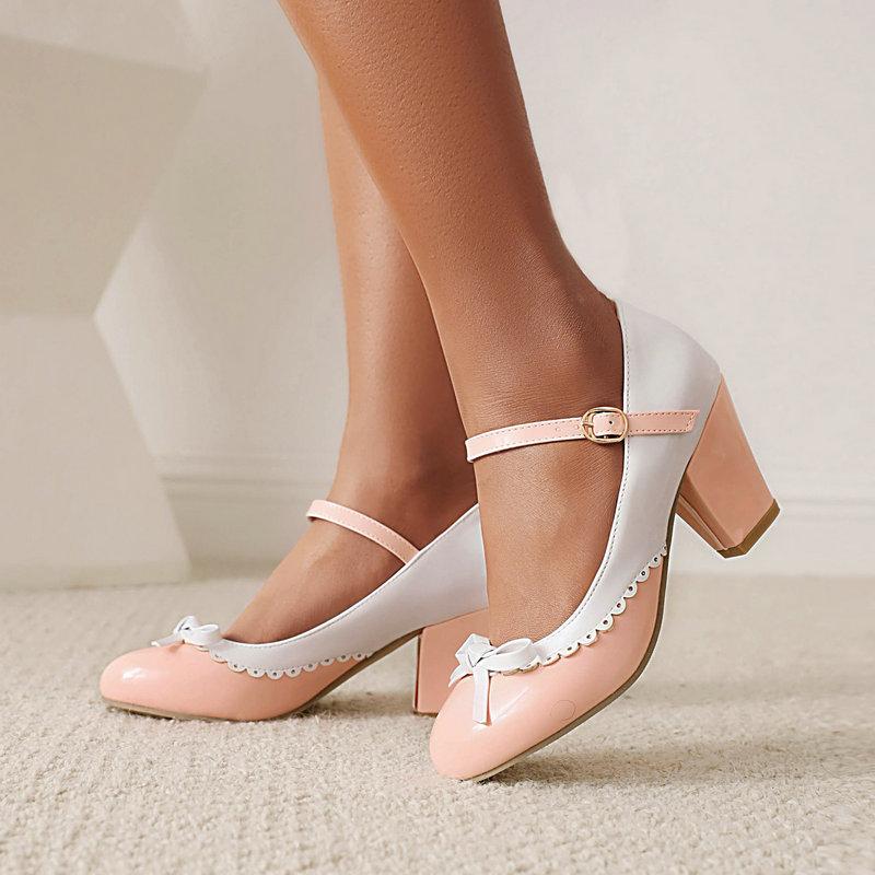 Size 32-48 Girls High Heel Lolita Shoes Woman Patent Leather Cute Bow Mary Jane Pumps Bride Wedding Party Shoes Red Pink Black