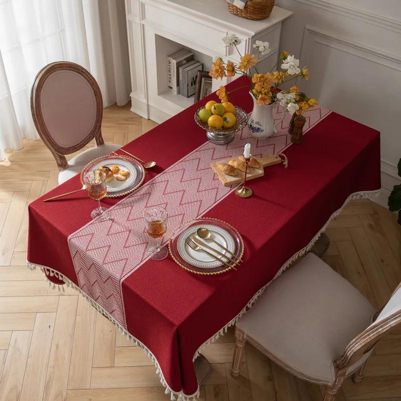 Fashion Vintage Tablecloth Tassel Red Color Jacquard Christmas Table Cloth Tablecloth End Table Mat Polyester Wedding Decoration