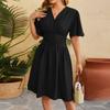 Women's Fashion Casual Solid Color V Nneck Waist Flared Sleeve Pullover Dress