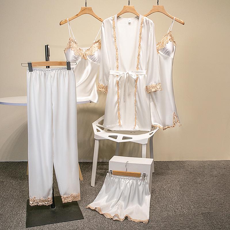 Seiden-Blumen-Pyjama-Set: 5-teiliges goldenes Camisole mit integriertem BH