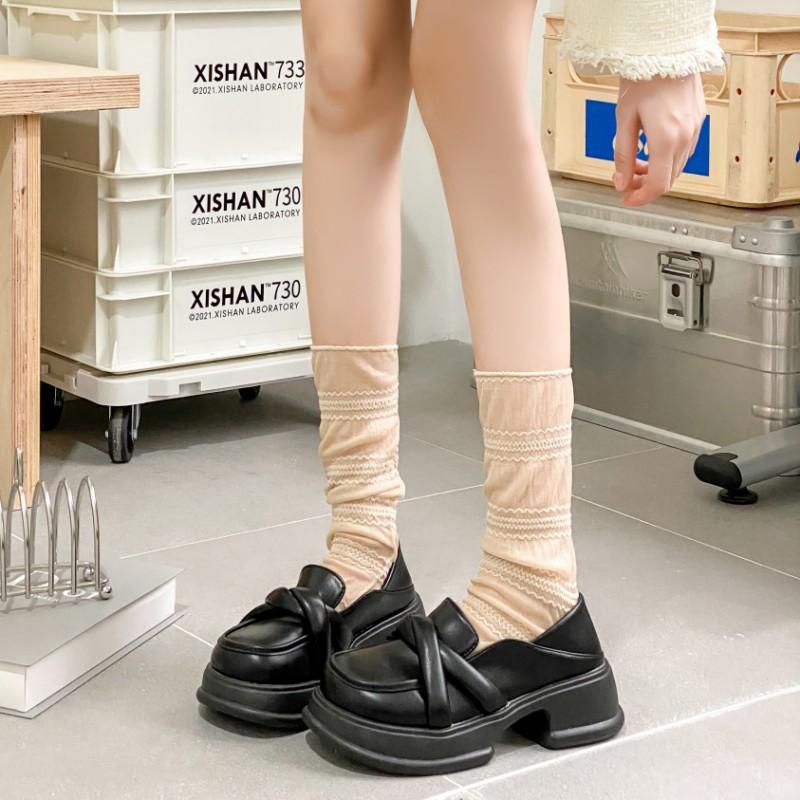 Spring And Summer Lantern Bubble Cloth Mesh Stacking Socks Women'S Casual Thin Stockings Striped Medium Tube Mary Jane Women'S Socks Tide