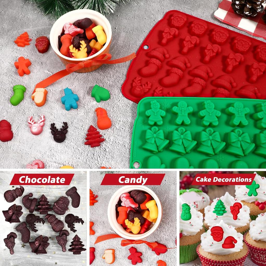 Christmas Candy Molds, 2 Pcs 30 Cavity Christmas Gummy Molds, Silicone Christmas Chocolate Molds, Red & Green