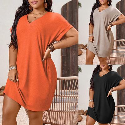 Women's Summer Solid Color Short-sleeved V-neck Plus Size Dress