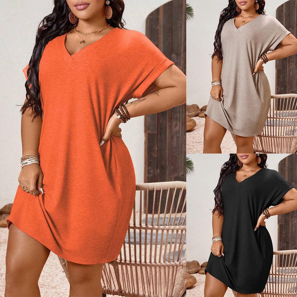 

Women s summer solid color short-sleeved v-neck plus size dress 4XL чорний