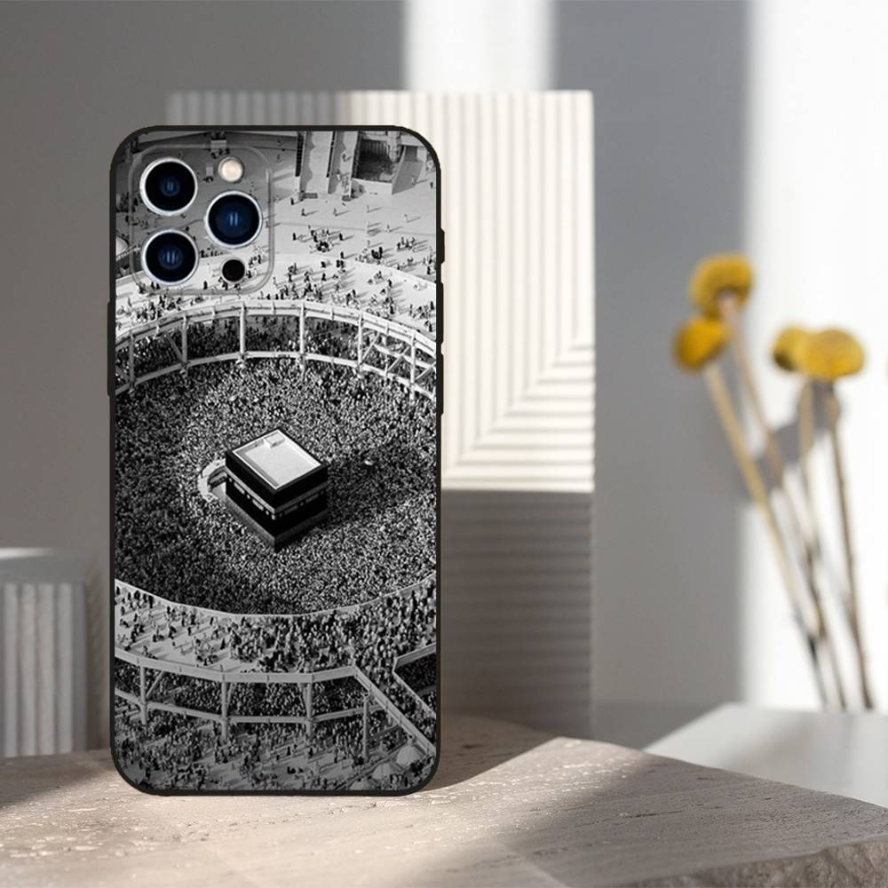 Moslemische Kunst Kaaba Handy Für iPhone 13,12,15,14,11,16,17,Plus,Pro Max,XS,X,XR,SE,Mini,8,7,Weiches Silikon Schwarz