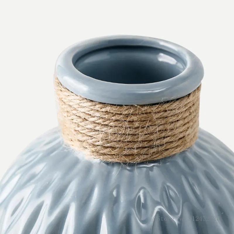 Nordic Ceramic Vase with Hemp Rope – Decorative Bottle for Living Room & Office