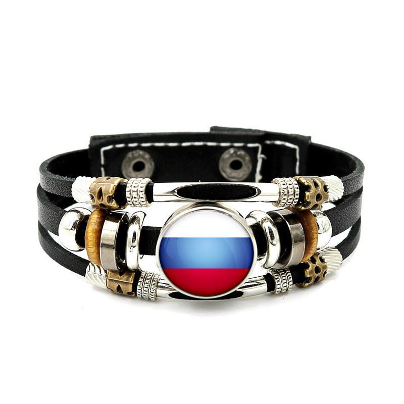 Factory National Country Flag Design Bracelet Crystal Bead Snap Button Sports National Team Jewelry Gift Leather Wrap Bracelet