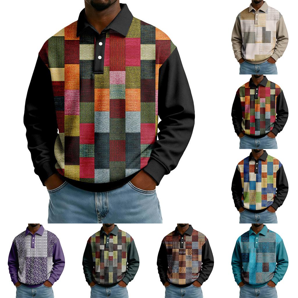 Men's Casual Loose Colorblock Print Lapel Button Long Sleeve Top