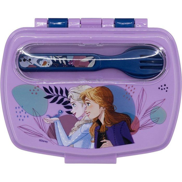 Vehicule Porteur Tataway Boîte à Sandwich Bleue Disney pour Filles en Plastique Frozen Elsa Anna et Olaf avec Cuillère et Fourchette