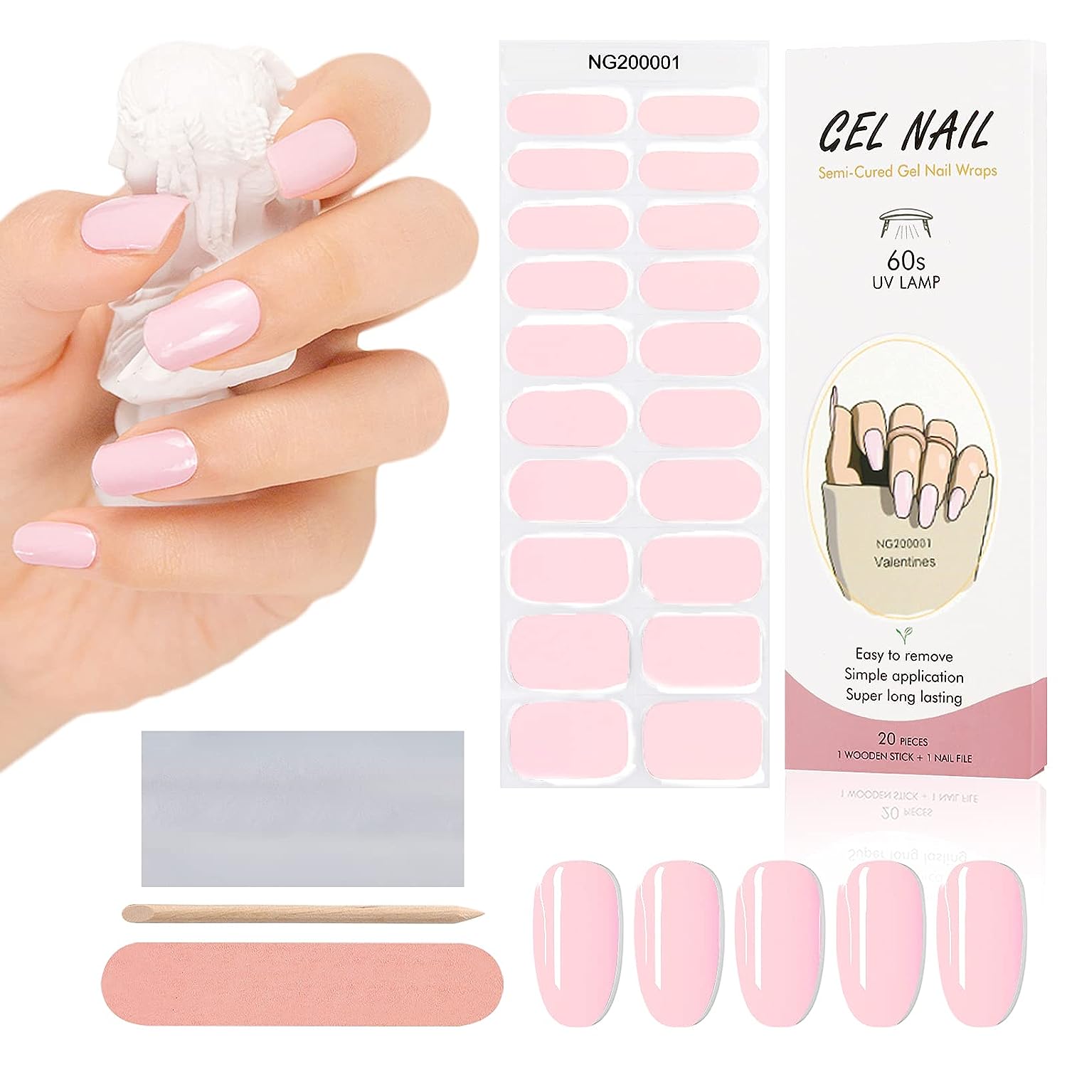 Long Lasting Semi Cured Gel Nail Strips 20pcs Pink Gel Nail Art Stickers