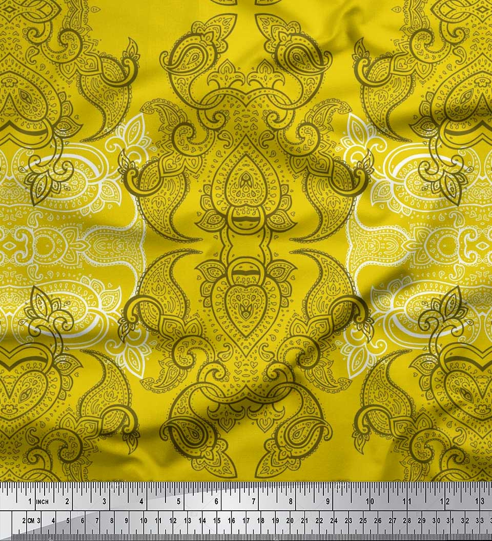 

Тканина Soimoi Японія Креп Сатин Чорний Ескіз Пейслі Тканина Принти на метр 42 дюйма 42 Inch Wide - Poly Crepe жовтий