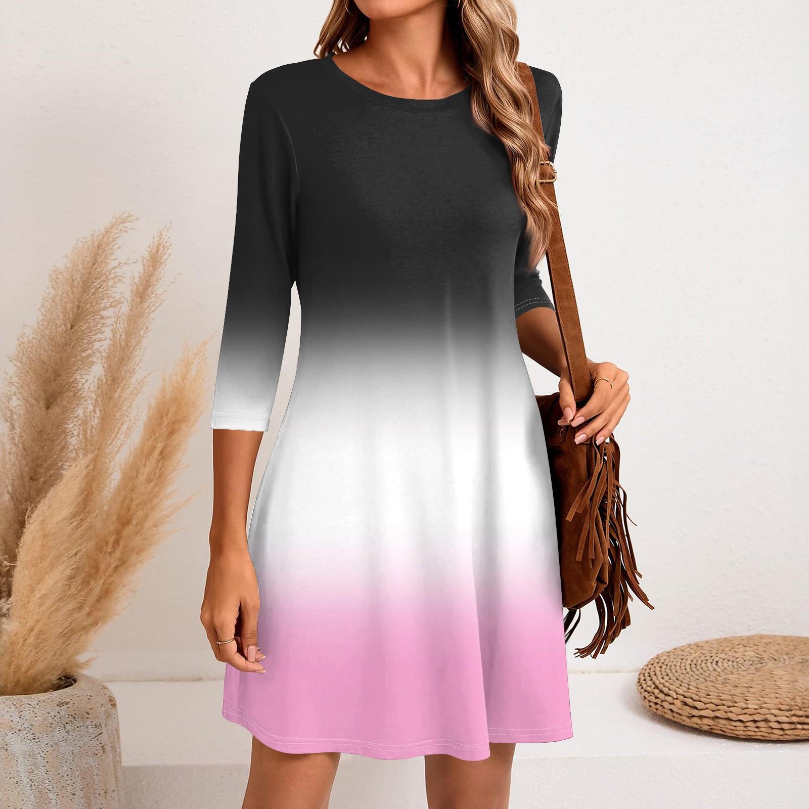 

Women s Fashion Casual Print Round Neck Three-quarter Sleeve Short Dress XXXL білий