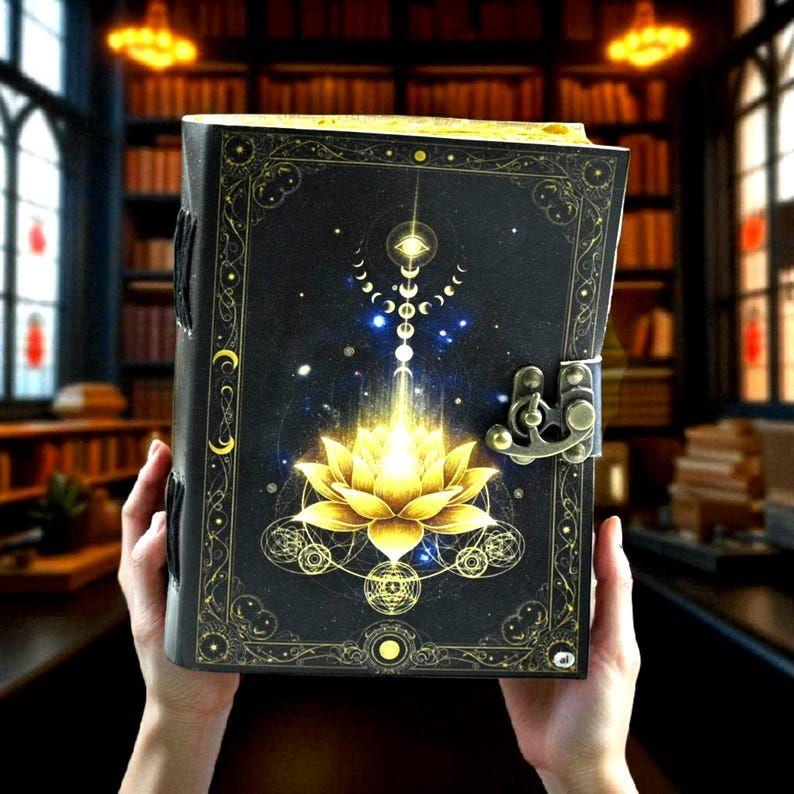 Golden Lotus Leather Journal: Handmade Book of Shadows, Witchy Grimoire