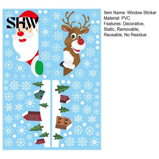 Snow Scene Glass Stickers 4Pcs Christmas Santa Claus & Reindeer Static Window Clings with Snowflake, PVC Removable Decals, Reusable for Home
