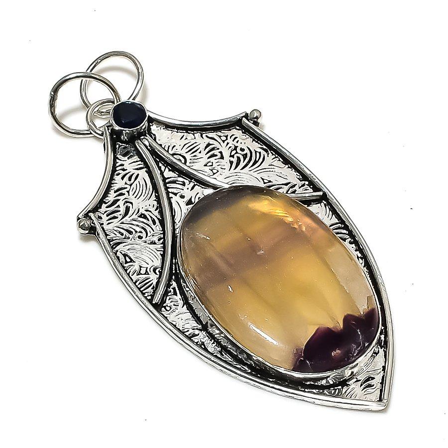 Fluorite, Blue Topaz Gemstone 925 Sterling Silver Jewelry Pendant 3.07" SU-3840