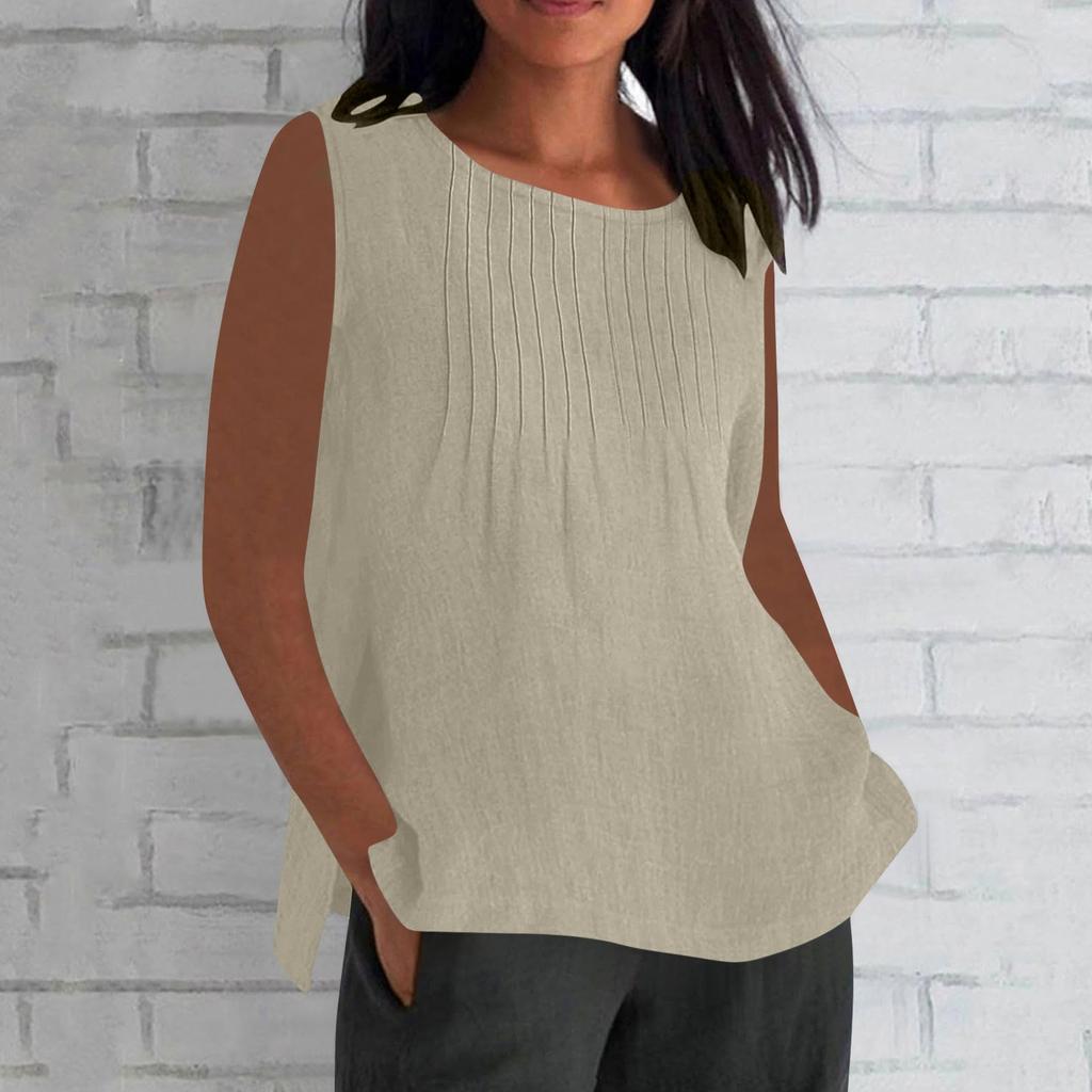 Women's Fashionable And Casual Sleeveless Vest Solid-color Cotton And Linen Pleated Sleeveless Top T-shirt