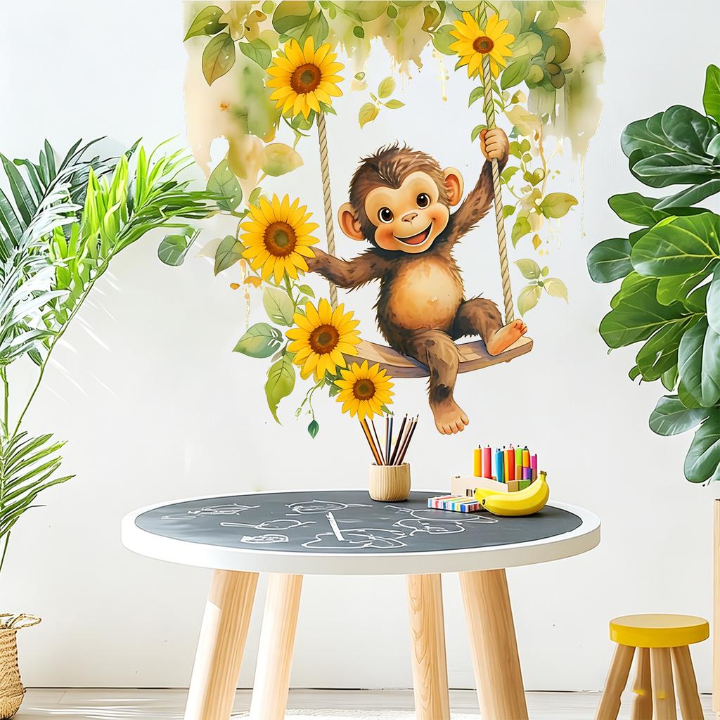 Watercolor Monkey Swinging On Swing Self Adhesive Glass Window Sticker No Residue for Kids Room Wall Decor