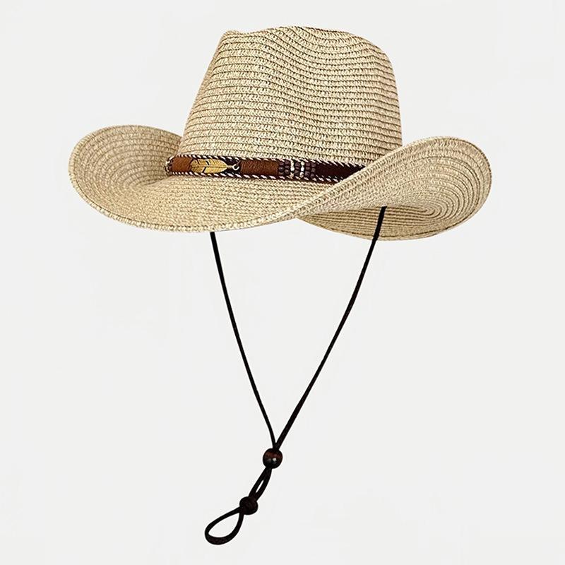 

Summer outdoor outing Panama hat women s vacation sunscreen sunshade woven straw hat gold feather western cowboy hat average size