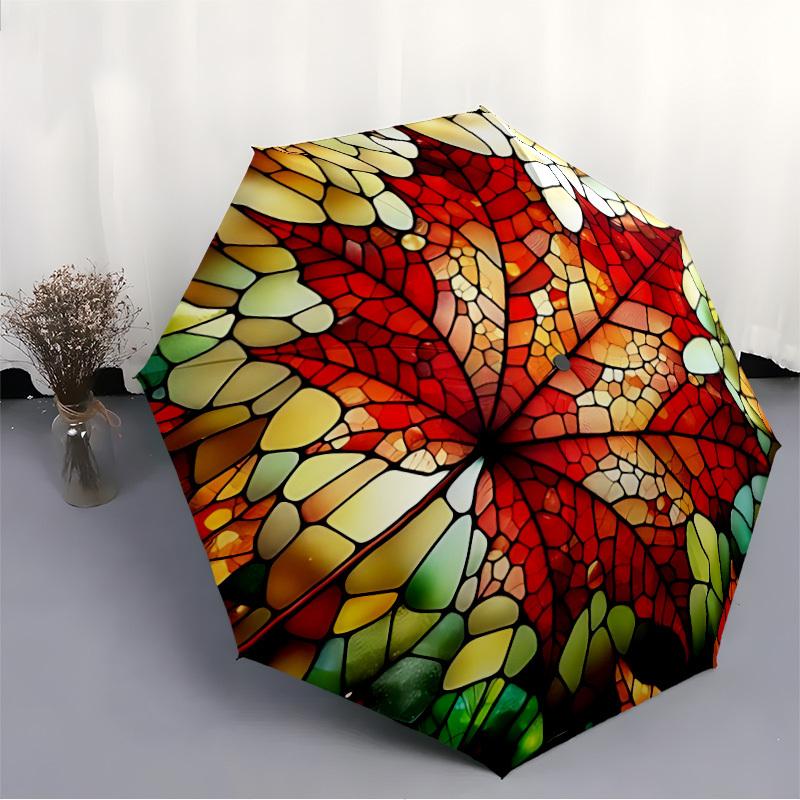 1pc Stained Glass Leaf Automatic Folding Umbrella - 8-Rib Compact Travel Umbrella Durable & Portable for Outdoor Use, Perfect Gift for Birthdays162