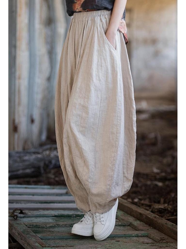 Ramie Cotton Distressed Patchwork Lantern Pants - Women's Spring/Summer Pumpkin Long Pants