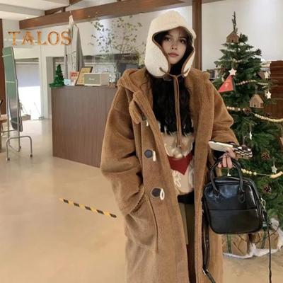 Dámský zimní kabát s kapucí Silný fleece Čistá barva Roh Knoflík Zapínání Dlouhé rukávy Střední délka Svrchní oděvy odolné proti chladu Školní Outdoorová bunda