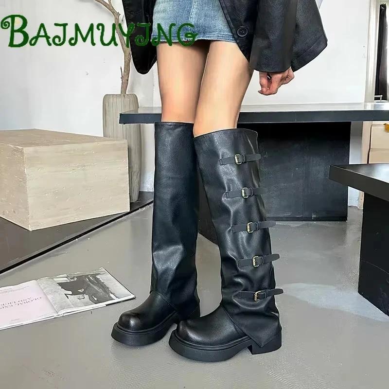 Luxury Platform Knee High Boots Leather Punk Women Shoes Fashion Chunky Heels Buckle 2025 Trend Winter Snow Botas Mujer Zapatos