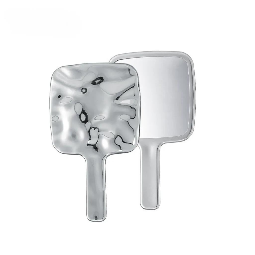 Vintage Handle Square Makeup Mirrors, Liquid Shape Electroplated Texture, Portable Beauty Hand Small Make Up Mirror