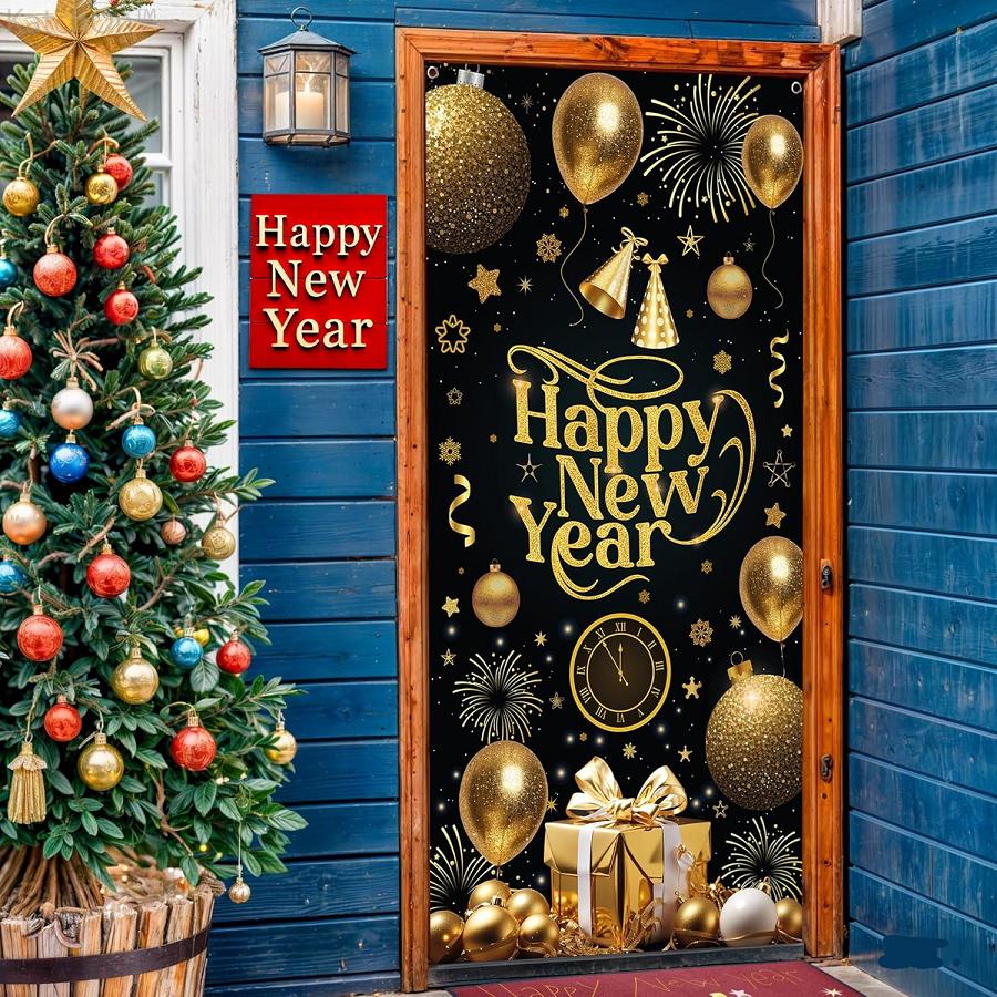 73 X 36 Inch Happy New Year Banner Door Cover, Black And Gold Hanging Ornament Themed Porch Sign, Large Front Door Wall Backdrop
