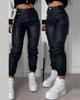 European & American Women's Slim Fit PU Motorcycle Pants with Zipper, Pleats, and Patch Pockets.