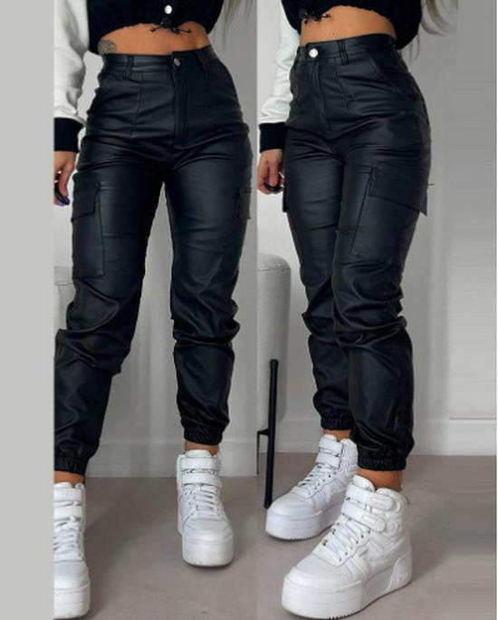 European & American Women's Slim Fit PU Motorcycle Pants with Zipper, Pleats, and Patch Pockets.
