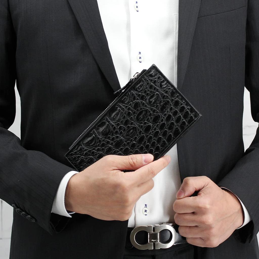 [Revetta] Crocodile Fragment Case Slim Wallet, Black Leather, Coin Purse, Bill and Card Case, Men's, Genuine Leather [212crw]