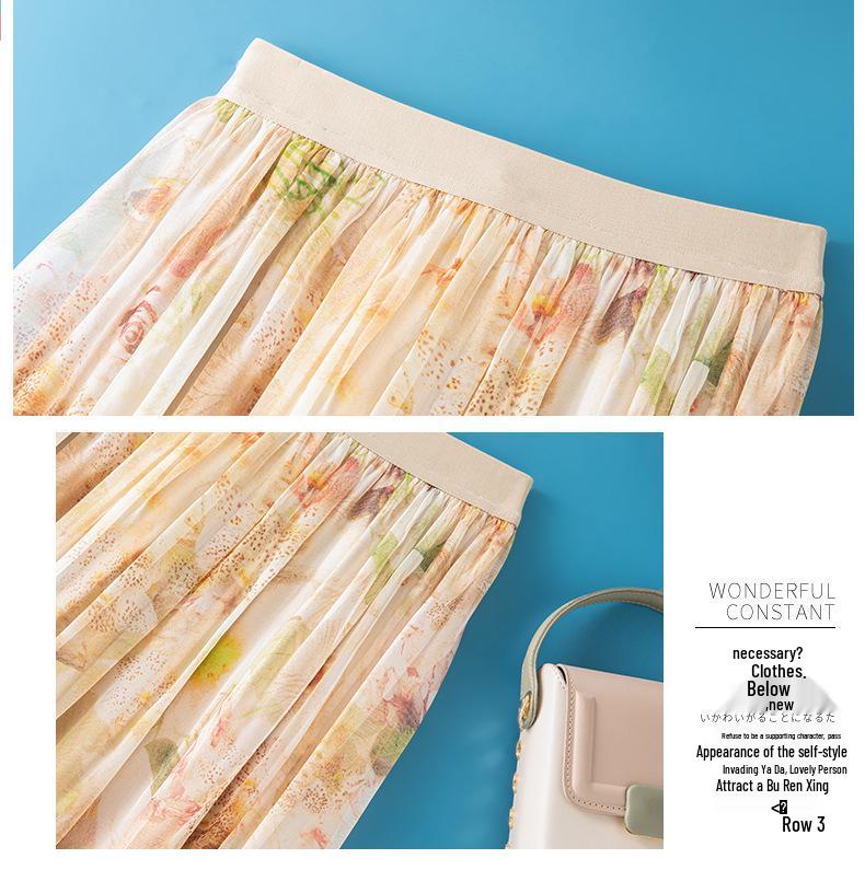 Elegant Apricot Silk Midi Skirt: Gentle Floral Print, Elastic Waist, Wide Hem - Perfect for Pear-Shaped Figures