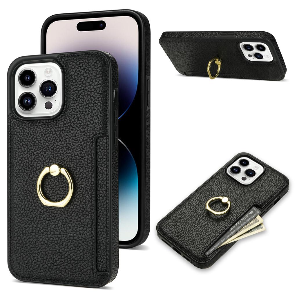 Compatible with iPhone 16 Case, 17 Pro Litchi-patterned Ring Buckle Stand, Card Slot, Wallet, Shockproof Case, 14 Plus