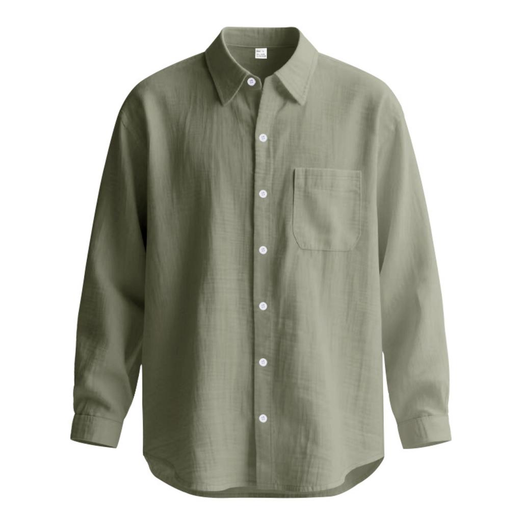 Men's Color Loose-Fit Linen Long-Sleeved Collared Shirt Cardigan