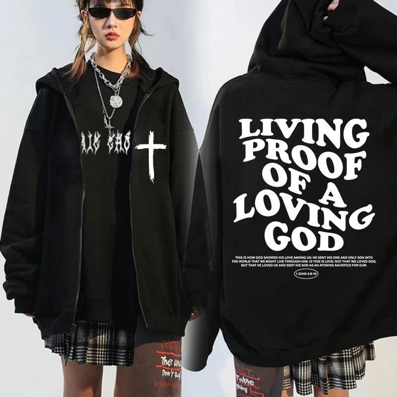 Hanorace cu fermoar și imprimeu grafic Christian Living Proof Of A Loving God pentru bărbați și femei, verset biblic Iisus, jachete de iarnă, sweatshirt