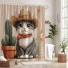 1pc Anthropomorphic Kitten Cowboy Hat & Cactus Shower Curtain - Whimsical Western Bathroom Decor with Soft Textured Design,