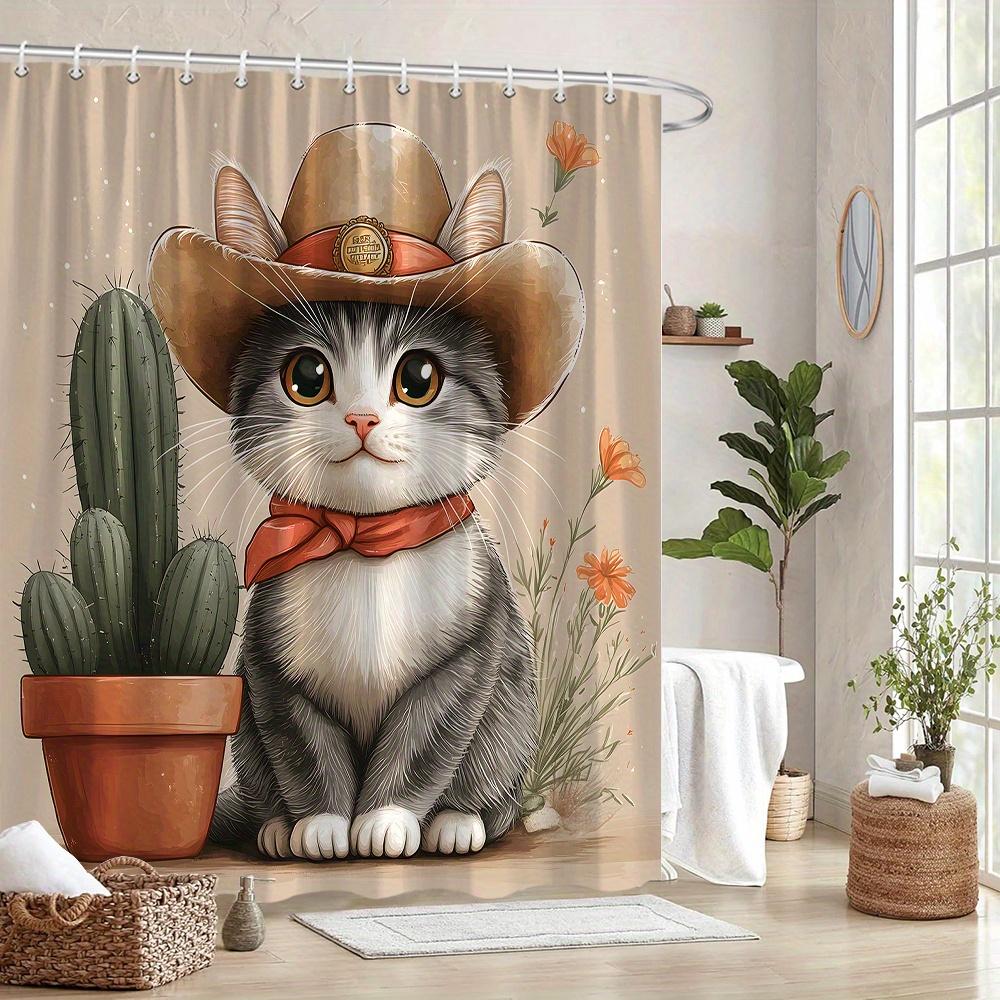 1pc Anthropomorphic Kitten Cowboy Hat & Cactus Shower Curtain - Whimsical Western Bathroom Decor with Soft Textured Design,
