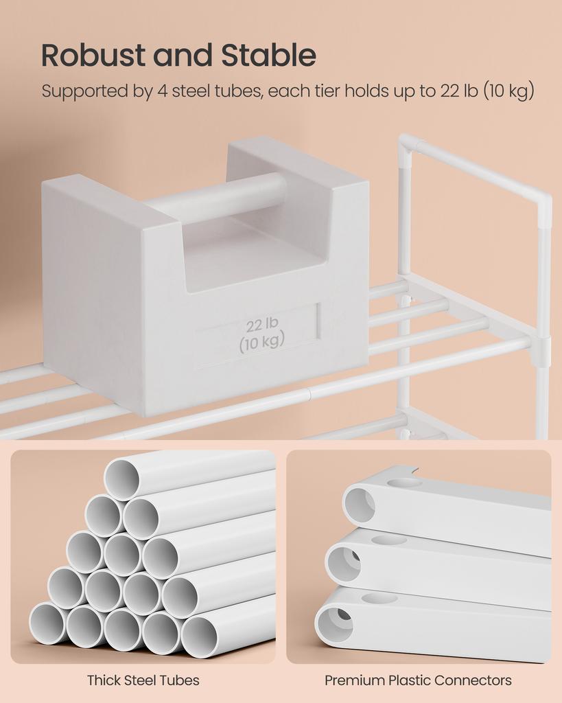 SONGMICS 3-Tier Shoe Rack, Shoe Storage Organiser, Metal Storage Rack, Upright or Upside Down, Fits 16 To 20 Pairs, Stackable, for Hallway