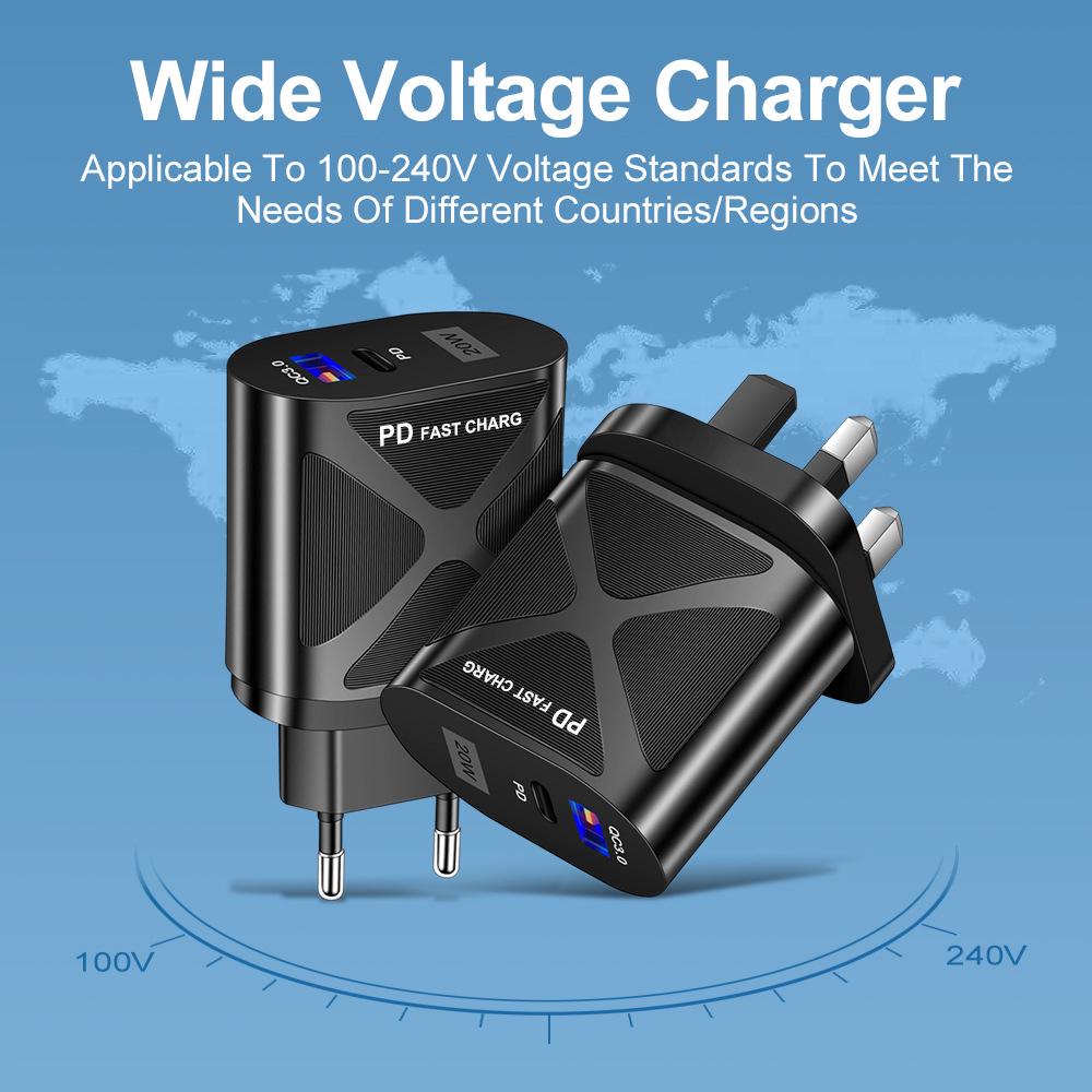 USB Travel Charger 5V/9V/12V with PD20W & QC3.0 Fast Charging - US/EU/UK Standard