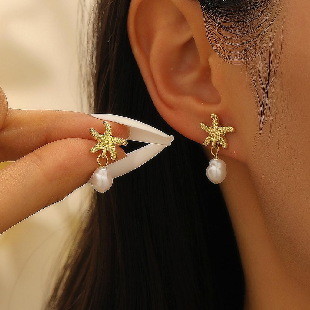 Literary Ocean Style Starfish Stud Earrings For Women Alloy High-Quality Imitation Pearl Drop Beach Jewelry