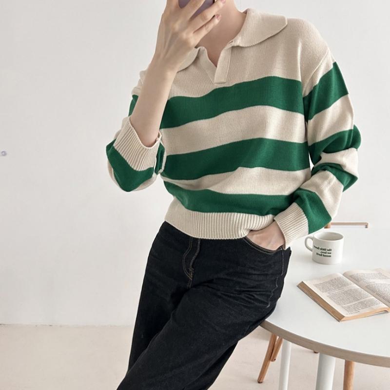Shop Women SliT Collar Neck STripe Long Sleeve KniT T shirT Black 21ds Wkn 247