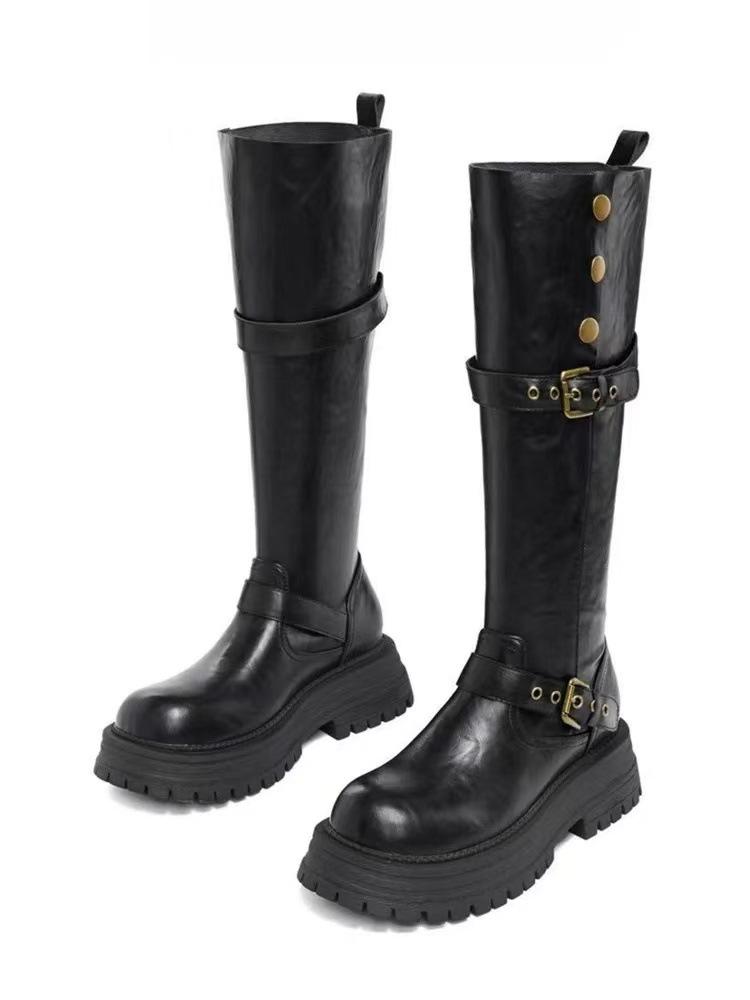 Spot version~ Leather thick-soled Maillard boots women's 2025 spring and autumn retro velvet versatile tall knight boots