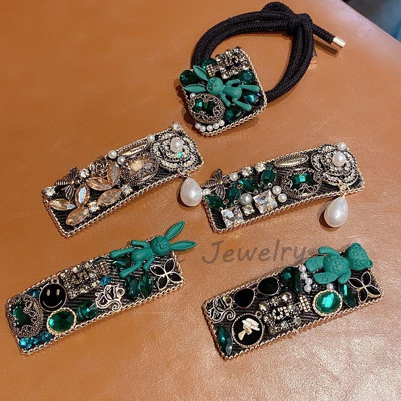 Retro Grün Schwerindustrie Strass Haarspange Herbst und Winter Kleiner Duftiger Stil Mode BB Clip Haaraccessoires Damen