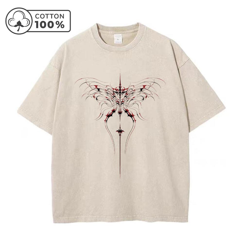 Mens Unique Line Butterfly Print Washed T Shirt Distressed Retro Casual Loose Pure Cotton Short Sleeved Summer Commuter Top