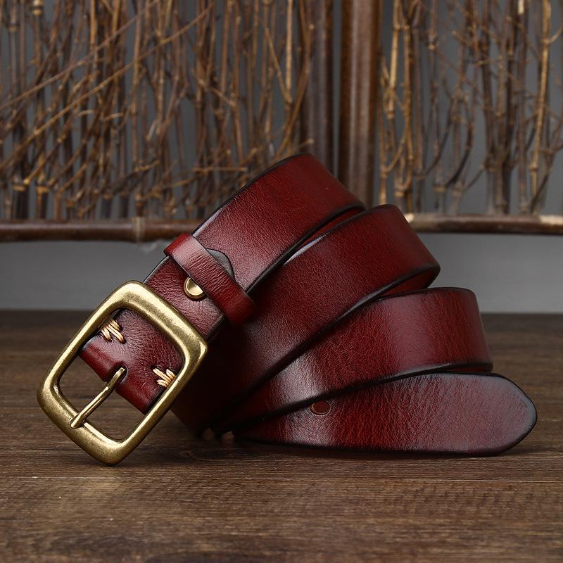 3.3CM Wide Vintage Washed Top Grain Leather Belt with Copper Buckle - Unisex, Korean Style Trend