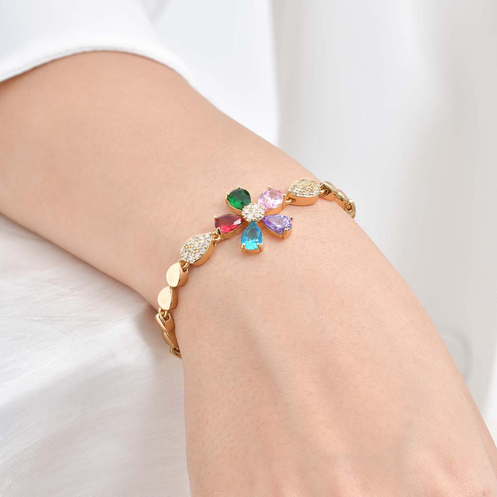Luxurious Water Drop Zircon Colorful Zircon Flower Bracelet,Women's Eye Strap Hollow Heart Round Bracelets,Girl's Jewelry Gift
