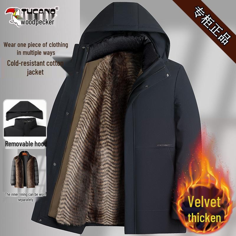 Men's Woodpecker Plus Velvet Mid-length Jacket with Hood, Detachable Liner, Cotton Winter Coat for Middle-aged and Elderly