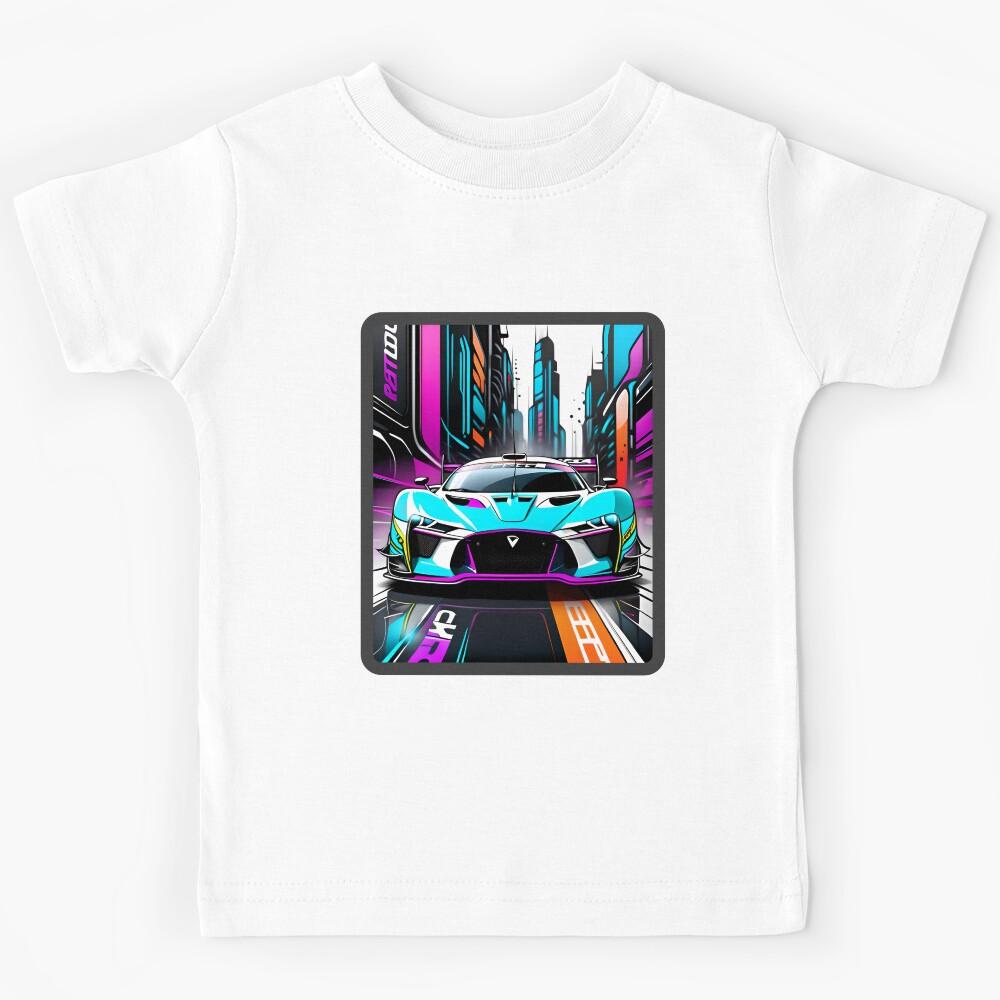 Cyberpunk Racing Sports Car With City Skyline Kids T-Shirt 110