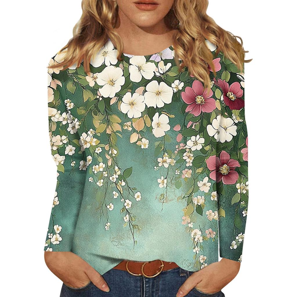 Women's Fashion Casual Round Neck Long Sleeve Printed T-Shirt Top